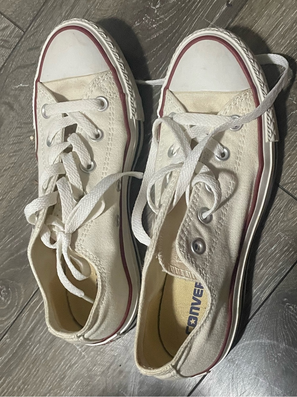 Converse Low Top Canvas Sneakers in Cream with Red Trim